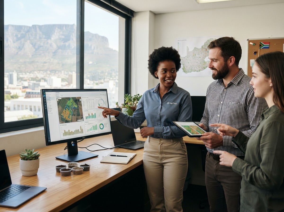 AgriTech ZA analysts reviewing portfolio risk data on screen